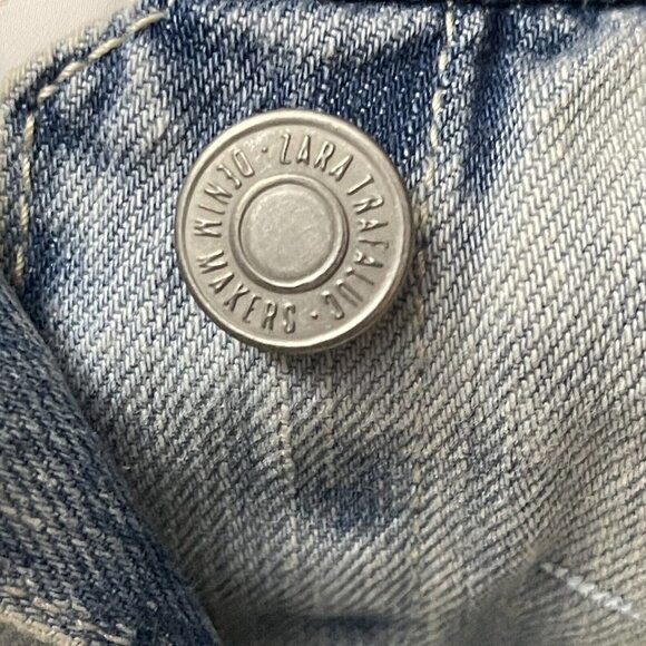 ZARA TRAFALUC DENIM Destroyed Graffiti Long Jean Jacket Women Small 90s Grunge - Picture 6 of 16